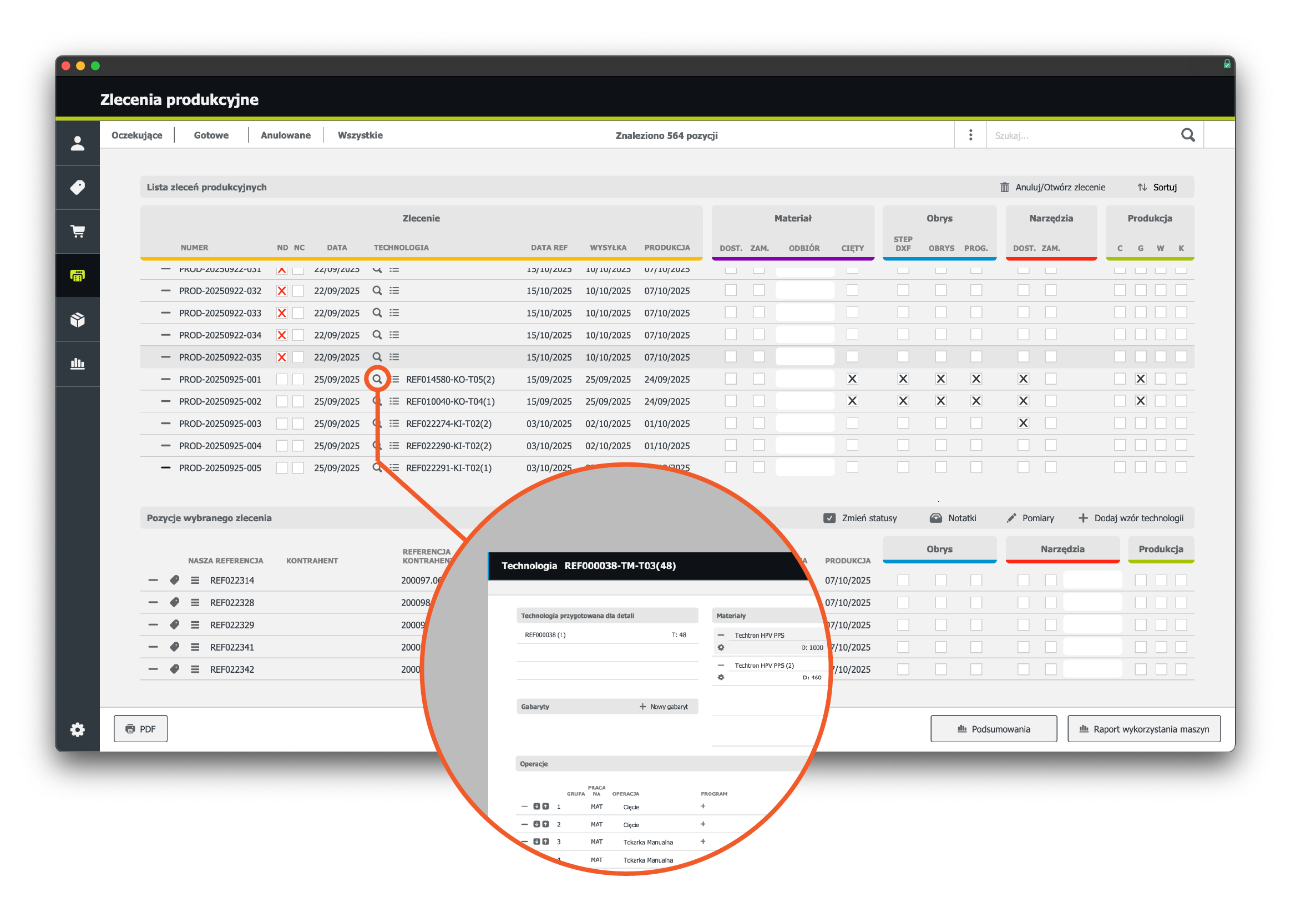 Lista zleceń produkcyjnych z widocznością statusów